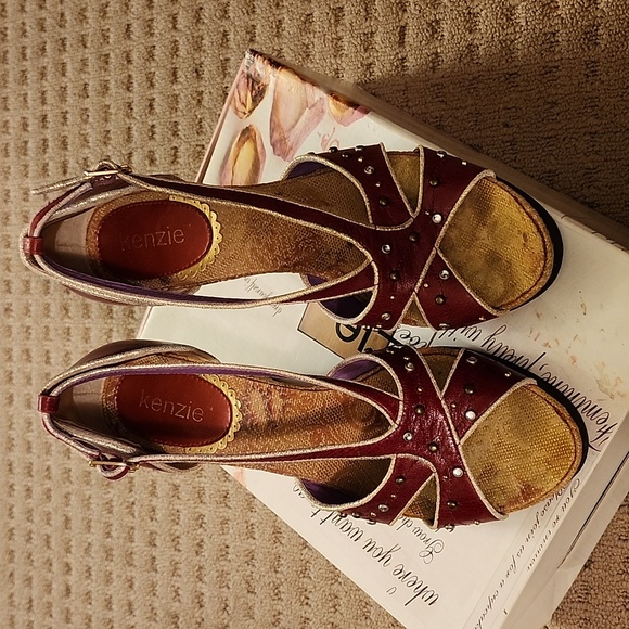 Red, funky wedges from Kenzie, studded and decorative foot sole. Worn once. - Picture 1 of 5